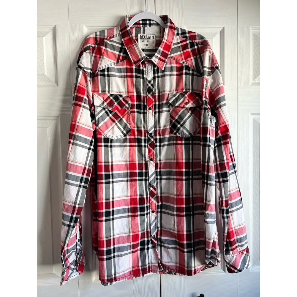 Buckle RECLAIM Plaid Athletic Shirt Red Black White Buckle Long Sleeve Size XXXL